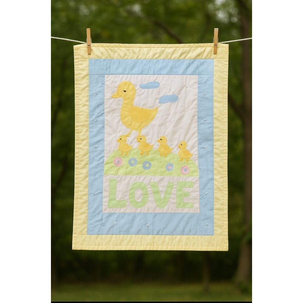 Cottagecore Baby Quilt‎ Yellow Duck Appliqué LOVE Nursery Wall Hanging Blanket